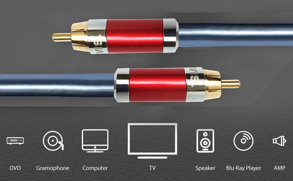 RCA Interconnect Cable, Hi-Fi, 99.999% Copper, Power Amplifier to AVR, RCA to RCA Cable, Gold Plated 1 HiFi RCA Interconnect Cable